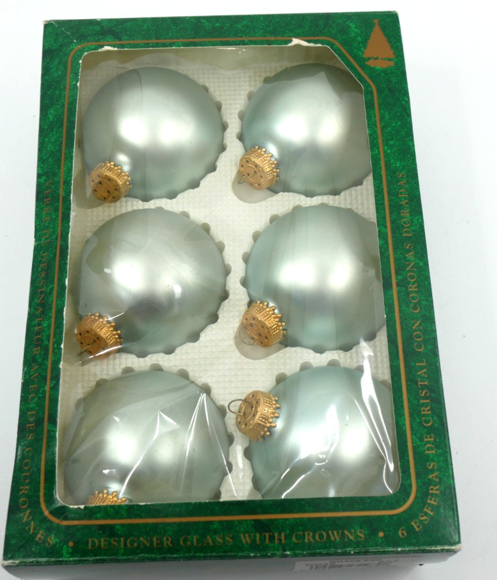 VTG Christmas by Krebs Pearl Blue/Green Glass Ornaments Set of 6 Made in USA